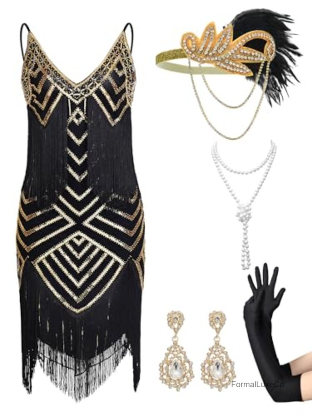 1920s Flapper Dress V-Neck Fringe Cocktail Costume Set with Accessories